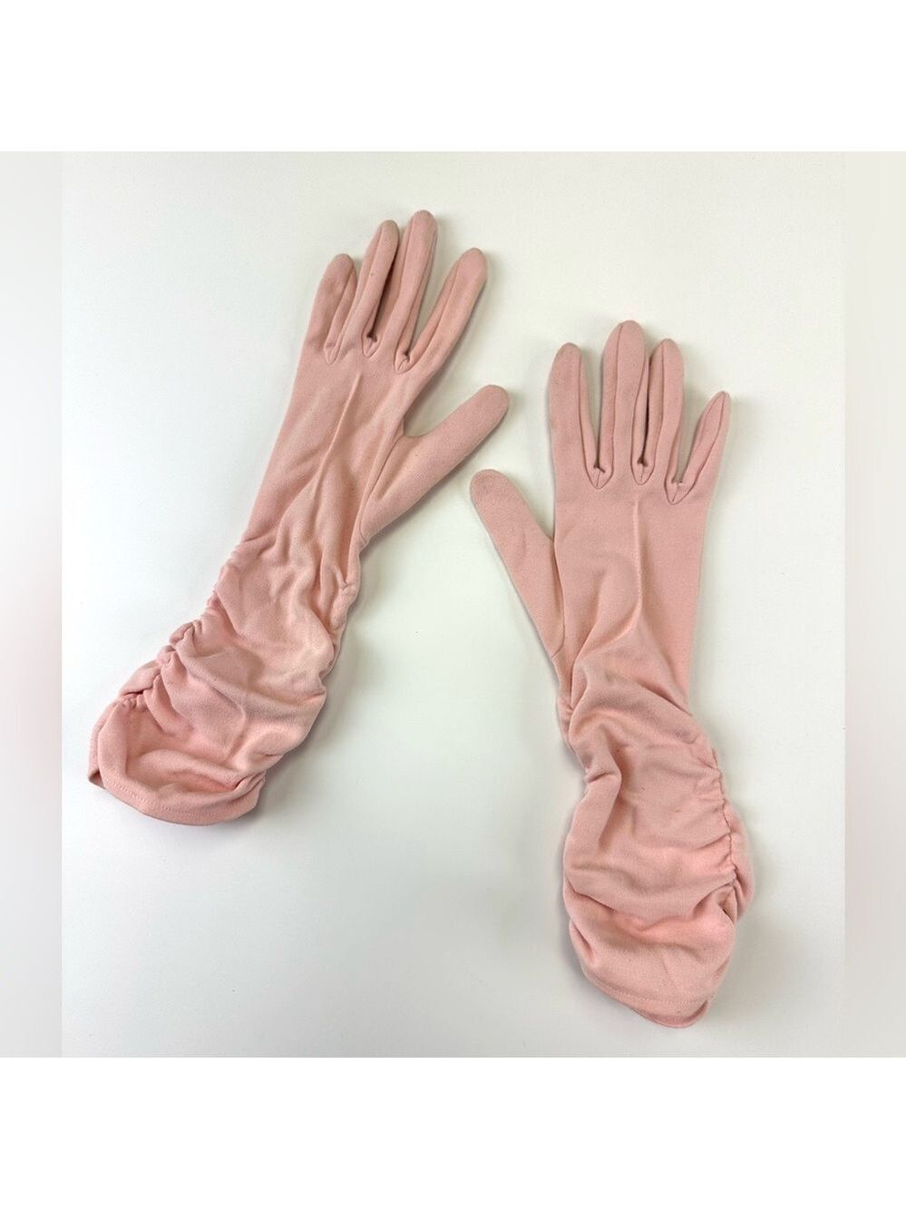 Vintage pink nylon gloves Womens ruched 50s 60s party church dance